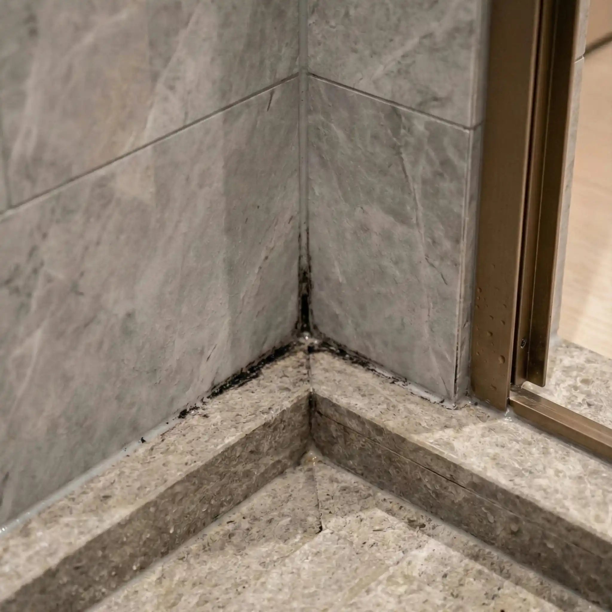 Black mould growing on bathroom grout and corners, before Nordic Freezz protective treatment