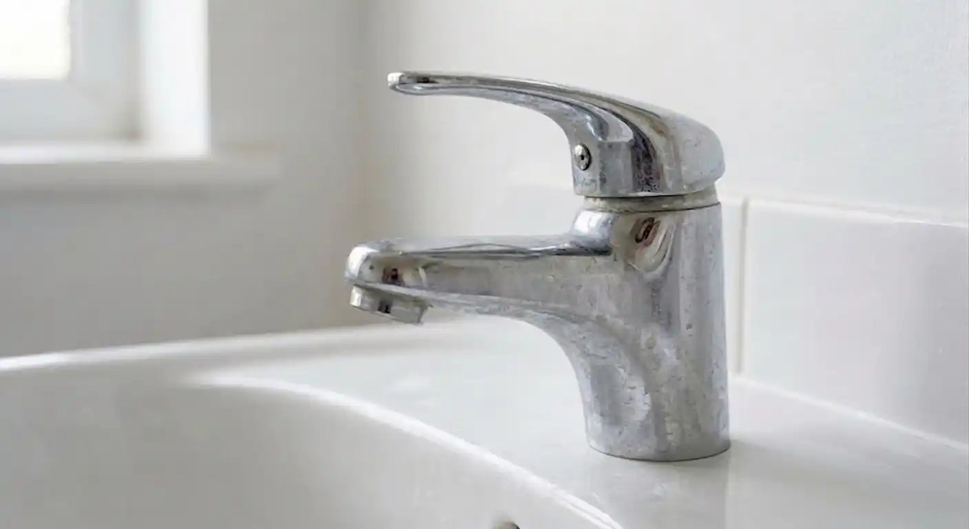 Dull, soap-scum covered chrome tap, before Nordic Freezz protective coating