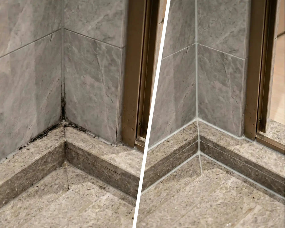 Split image showing black mould on bathroom grout versus mould-free surfaces after Nordic Freezz treatment