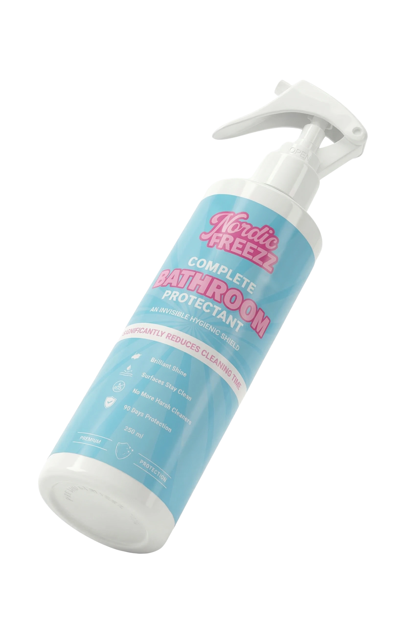 Close-up of the Nordic Freezz 250ml bottle, UK-made nano-ceramic bathroom protectant spray